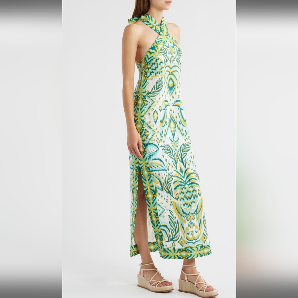 FARM RIO HALTER NECK TROPICAL LINEN MAXI SUNDRESS IN GREEN / SIZE:LARGE - Picture 7 of 16